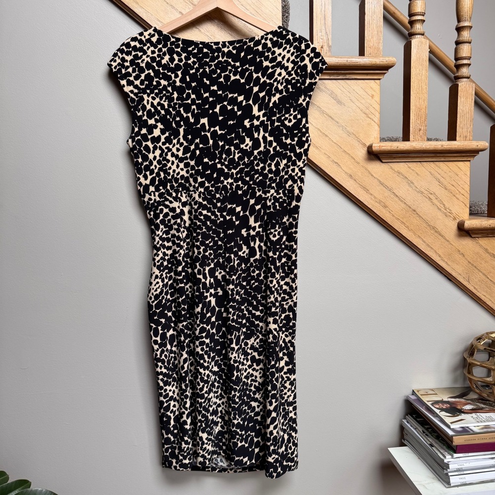 American Living Women Animal Print Ruched Sheath Faux Wrap Dress 14 Cap Sleeve - Picture 3 of 9
